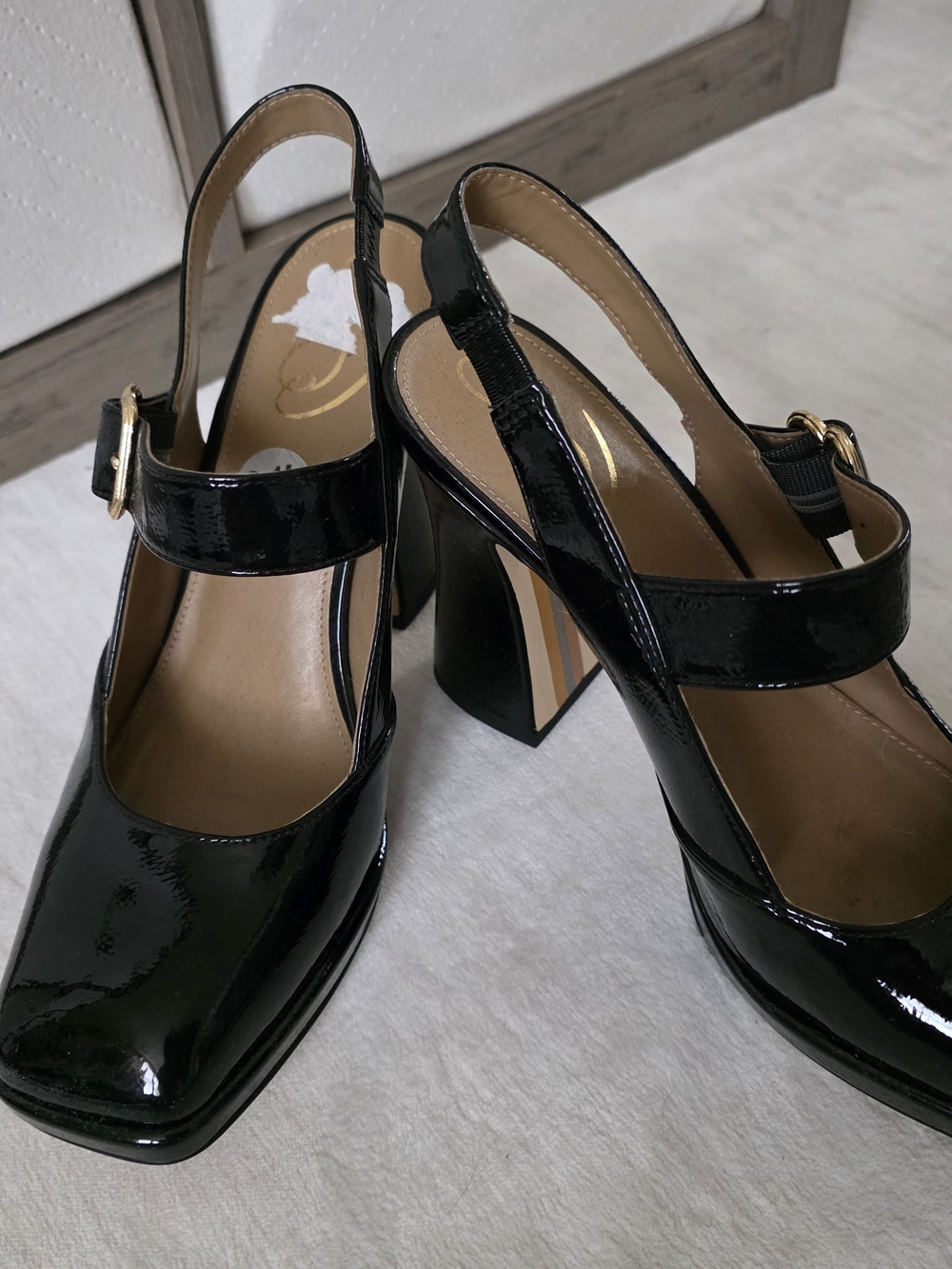 Black Patent Mary Jane Block Heel Slingback Pumps